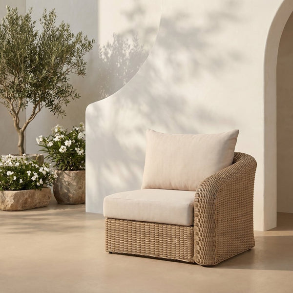 Meridian Furniture Seacrest Wicker Outdoor Patio Right Arm Chair with Uv Resistant Cushion for Modular Sectional Sets Beige 55001Beige-RAF
