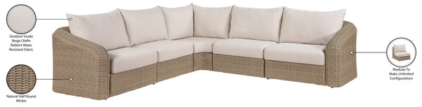 Meridian Furniture Seacrest Five Piece Wicker Outdoor Modular Sectional with Olefin Fabric Patio Seating 55001Beige-Sec5A