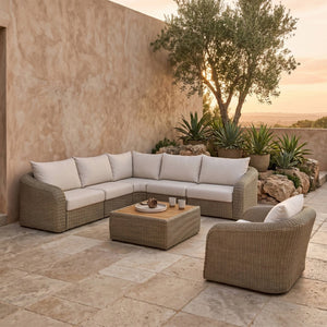 Meridian Furniture Seacrest Five Piece Wicker Outdoor Modular Sectional with Olefin Fabric Patio Seating 55001Beige-Sec5A