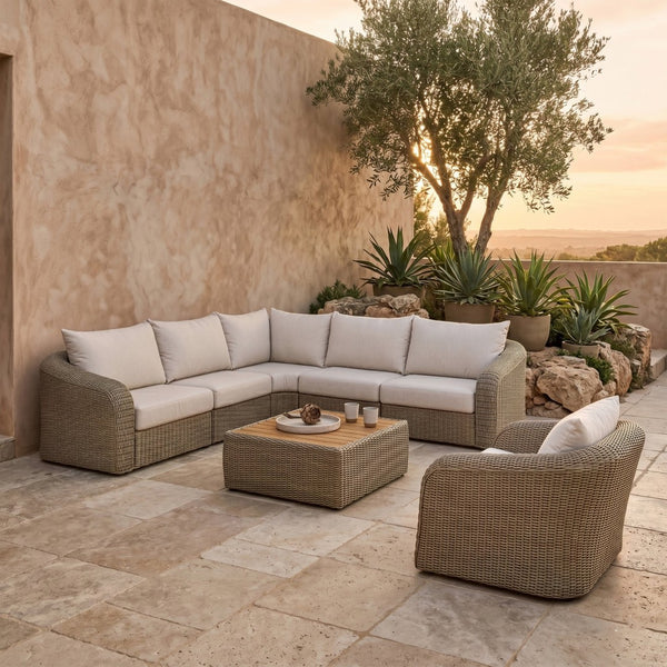 Meridian Furniture Seacrest Five Piece Wicker Outdoor Modular Sectional with Olefin Fabric Patio Seating 55001Beige-Sec5A