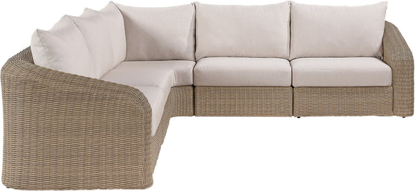 Meridian Furniture Seacrest Five Piece Wicker Outdoor Modular Sectional with Olefin Fabric Patio Seating 55001Beige-Sec5A