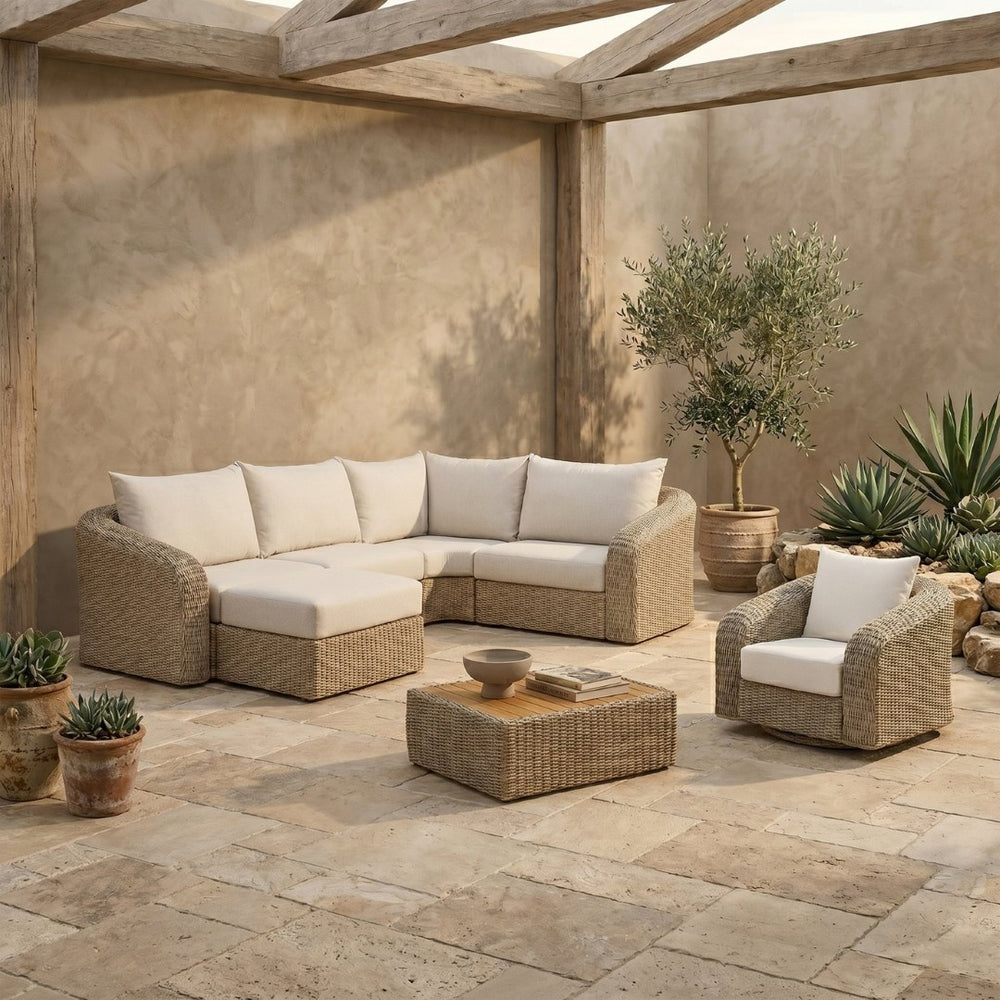 Meridian Furniture Seacrest Five Piece Outdoor Modular Sectional Wicker Aluminum Frame Olefin Cushions 55001Beige-Sec5C