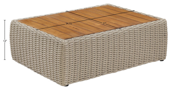Meridian Furniture Seacrest Solid Teak Woven Wicker Outdoor Patio Coffee Table for Lounge Decks and Garden Areas Natural / Taupe 55002-CT