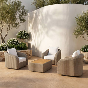 Meridian Furniture Seacrest Solid Teak Woven Wicker Outdoor Patio Coffee Table for Lounge Decks and Garden Areas Natural / Taupe 55002-CT