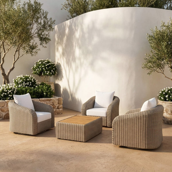 Meridian Furniture Seacrest Solid Teak Woven Wicker Outdoor Patio Coffee Table for Lounge Decks and Garden Areas Natural / Taupe 55002-CT