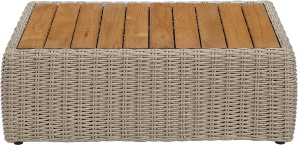Meridian Furniture Seacrest Solid Teak Woven Wicker Outdoor Patio Coffee Table for Lounge Decks and Garden Areas Natural / Taupe 55002-CT