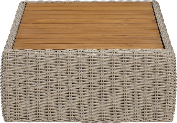 Meridian Furniture Seacrest Solid Teak Woven Wicker Outdoor Patio Coffee Table for Lounge Decks and Garden Areas Natural / Taupe 55002-CT