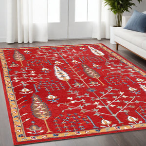 Homeroots 5' X 8' Red And Ivory Wool Floral Hand Tufted Area Rug Red,Multi Wool 550023