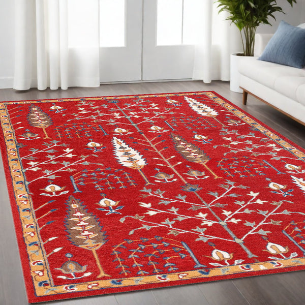Homeroots 5' X 8' Red And Ivory Wool Floral Hand Tufted Area Rug Red,Multi Wool 550023