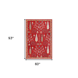 Homeroots 5' X 8' Red And Ivory Wool Floral Hand Tufted Area Rug Red,Multi Wool 550023