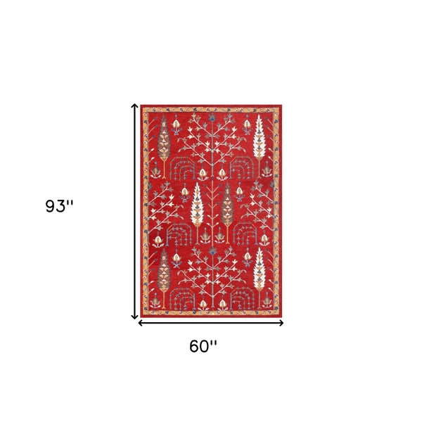 Homeroots 5' X 8' Red And Ivory Wool Floral Hand Tufted Area Rug Red,Multi Wool 550023
