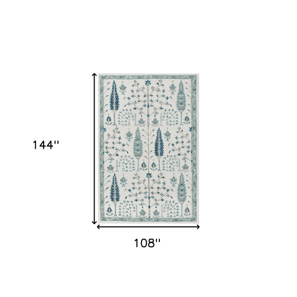 Homeroots 9' X 12' Ivory And Blue Wool Floral Hand Tufted Area Rug Ivory,Blue Wool 550028