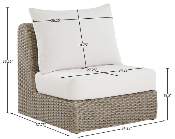 Meridian Furniture Seacrest Modular Wicker Patio Armless Chair Aluminum Frame Uv Resistant Olefin Cushion Outdoor Cream 55002Cream-Armless