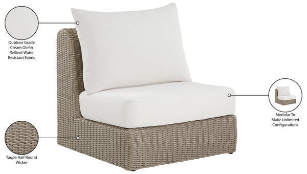 Meridian Furniture Seacrest Modular Wicker Patio Armless Chair Aluminum Frame Uv Resistant Olefin Cushion Outdoor Cream 55002Cream-Armless