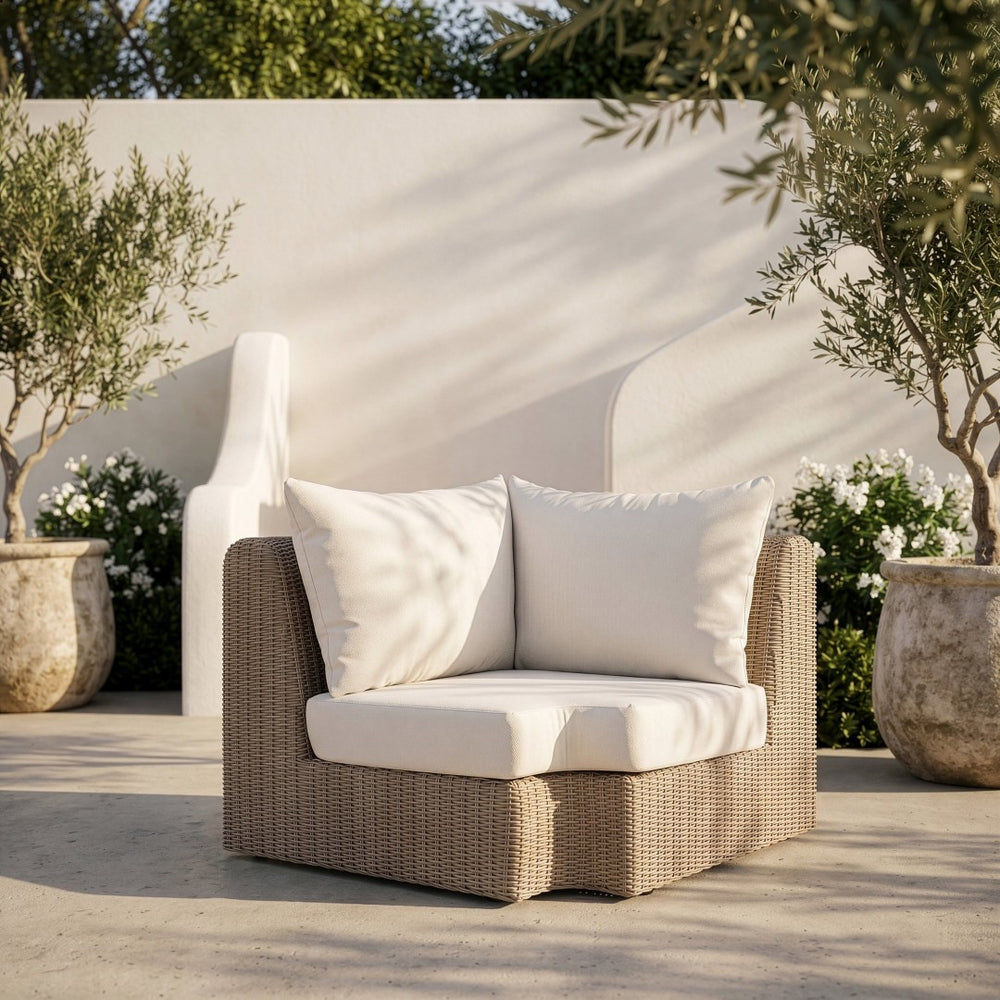 Meridian Furniture Seacrest Outdoor Modular Wicker Corner Chair with Weather Resistant Olefin Fabric for Patio Cream 55002Cream-Corner