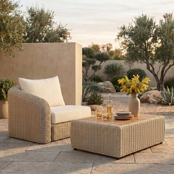 Meridian Furniture Seacrest Modular Wicker Aluminum Left Arm Outdoor Chair with Water Resistant Olefin Cushion Cream 55002Cream-LAF
