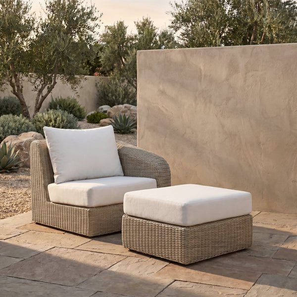Meridian Furniture Seacrest Outdoor Wicker Ottoman Coffee Table with Olefin Top for Coastal Patio Lounging Cream - B 55002Cream-Ott