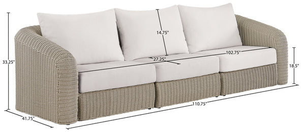 Meridian Furniture Seacrest 3 Piece Modular Outdoor Sofa Wicker Aluminum Frame Resort Patio Seating 55002Cream-S3