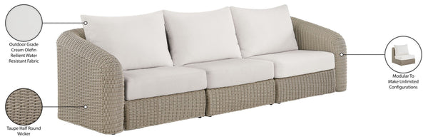 Meridian Furniture Seacrest 3 Piece Modular Outdoor Sofa Wicker Aluminum Frame Resort Patio Seating 55002Cream-S3
