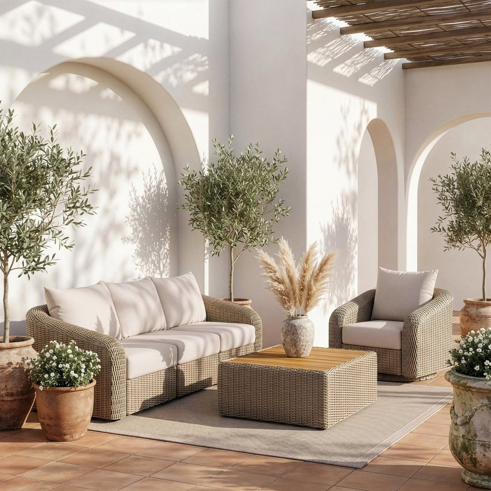Meridian Furniture Seacrest 3 Piece Modular Outdoor Sofa Wicker Aluminum Frame Resort Patio Seating 55002Cream-S3