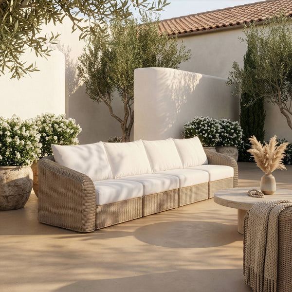 Meridian Furniture Seacrest 4 Piece Modular Outdoor Sectional Wicker and Olefin Resort Patio Sofa Set 55002Cream-S4