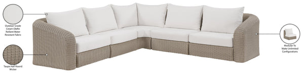 Meridian Furniture Seacrest Five Piece Modular Outdoor Sectional Wicker Aluminum Frame Olefin Cushions 55002Cream-Sec5A