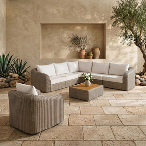 Meridian Furniture Seacrest Five Piece Modular Outdoor Sectional Wicker Aluminum Frame Olefin Cushions 55002Cream-Sec5A