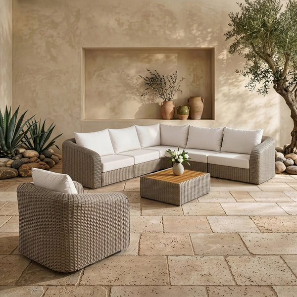 Meridian Furniture Seacrest Five Piece Modular Outdoor Sectional Wicker Aluminum Frame Olefin Cushions 55002Cream-Sec5A