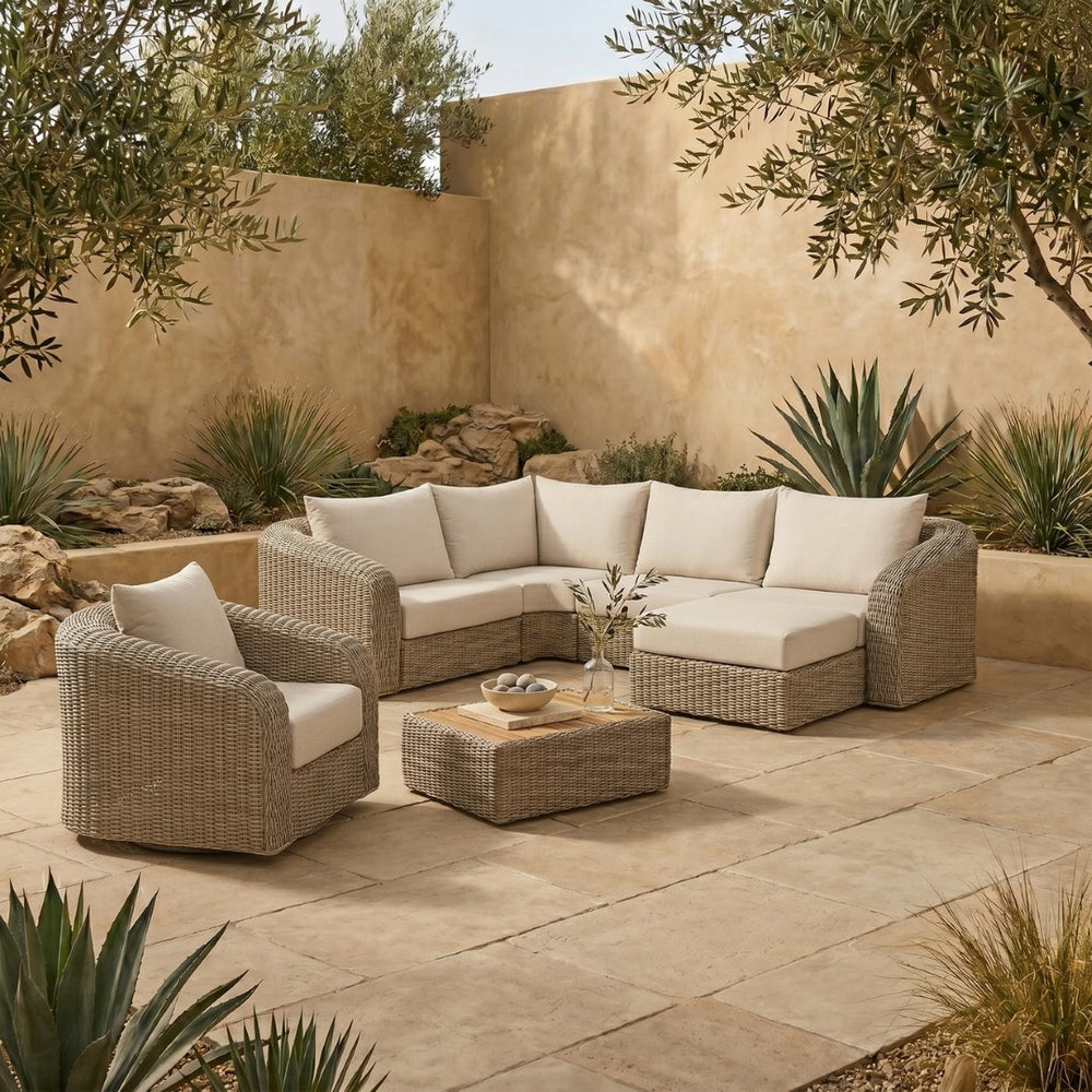 Meridian Furniture Seacrest Outdoor Modular Sectional Wicker Aluminum Frame Uv Resistant Olefin Cushions 55002Cream-Sec5B