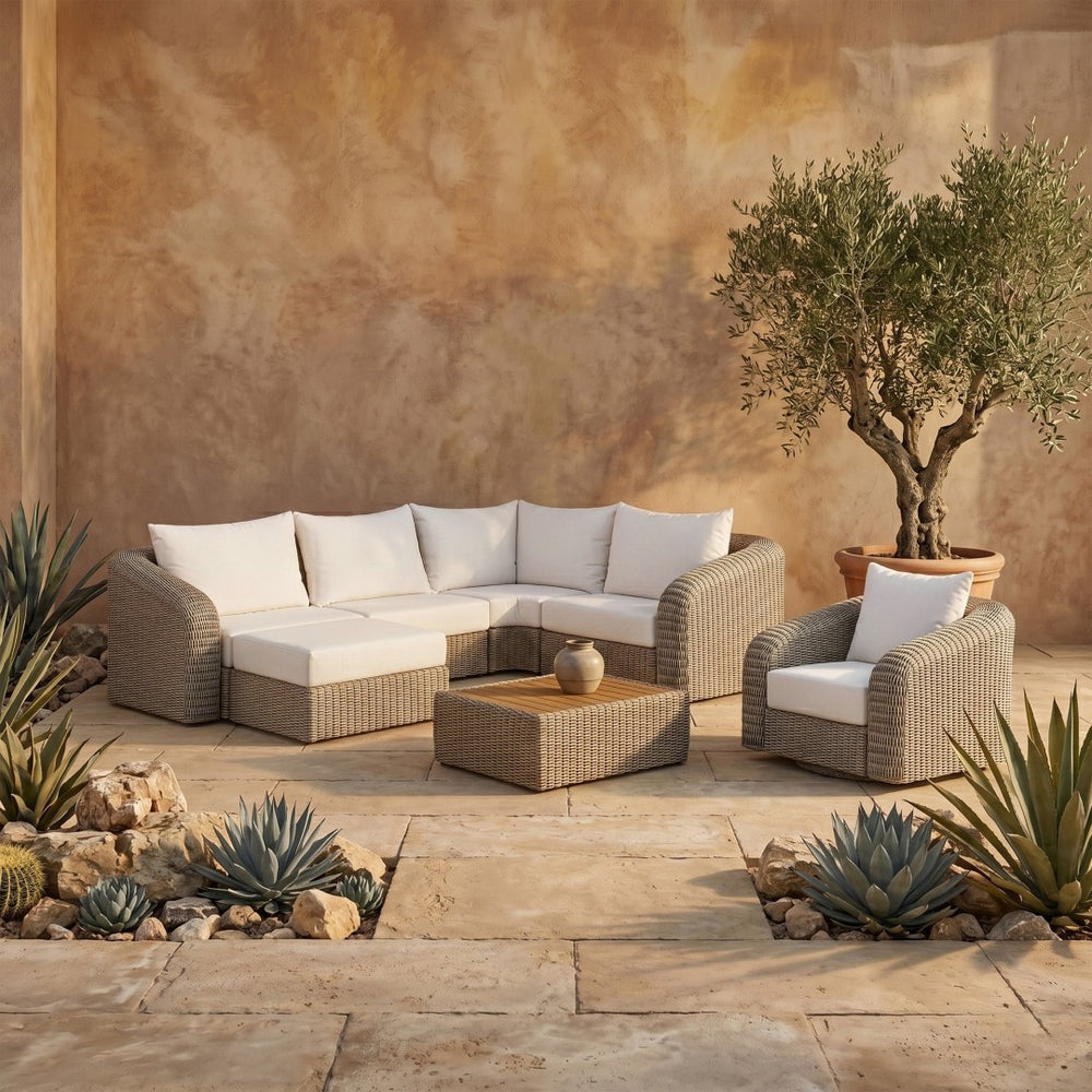 Meridian Furniture Seacrest 5 Piece Outdoor Modular Sectional Wicker Aluminum Frame Olefin Cushions 55002Cream-Sec5C