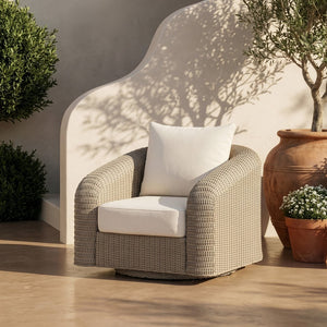 Meridian Furniture Seacrest Wicker Outdoor Swivel Patio Chair with Rust Resistant Frame and Water Cushion Cream 55002Cream-Swivel