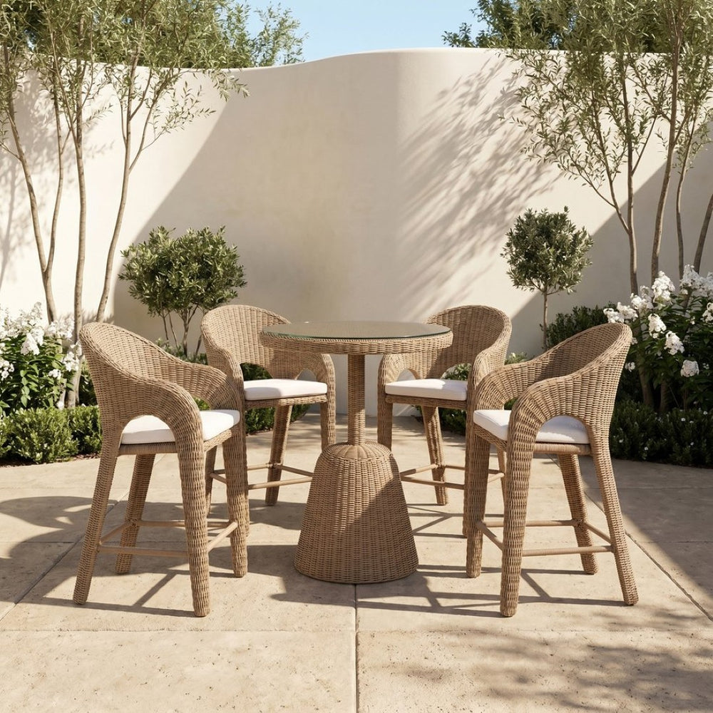 Meridian Furniture Seacrest Round Wicker Outdoor Counter Height Table with Tempered Glass Top for Patio Dining Natural 55003-BT36