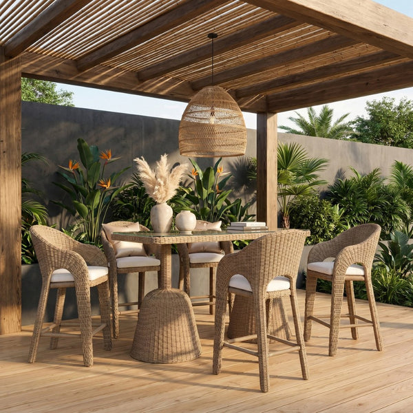 Meridian Furniture Seacrest Outdoor Bar Height Wicker Patio Table with Tempered Glass Top for Deck or Backyard Natural 55003-BT60