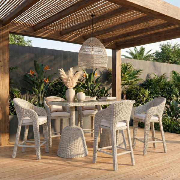 Meridian Furniture Seacrest Outdoor Bar Height Wicker Patio Table with Tempered Glass Top for Deck or Backyard Taupe 55004-BT60