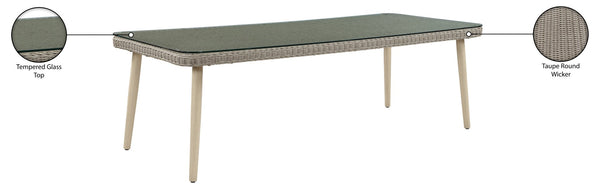 Meridian Furniture Seacrest Wicker Outdoor Patio Dining Table with Tempered Glass Top for Stylish Al Fresco Meals Taupe 55004-DT96