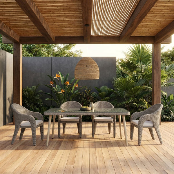 Meridian Furniture Seacrest Wicker Outdoor Patio Dining Table with Tempered Glass Top for Stylish Al Fresco Meals Taupe 55004-DT96