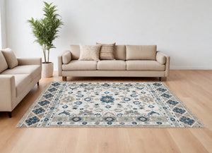Homeroots 9' X 12' Blue And Ivory Wool Floral Hand Tufted Area Rug Tan,Blue Wool 550045