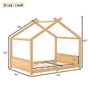 English Elm Twin House Frame Floor Bed Solid Pine Kids Room Montessori Low Profile Play Nook W1580P387841