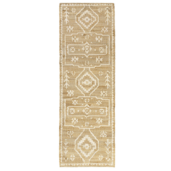 Homeroots 8' Runner Natural And Ivory Medallion Hand Woven Area Rug  Jute 550048
