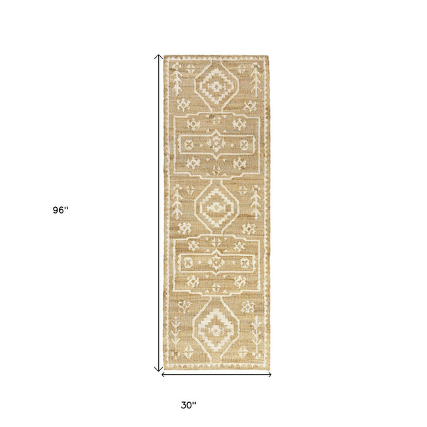 Homeroots 8' Runner Natural And Ivory Medallion Hand Woven Area Rug  Jute 550048