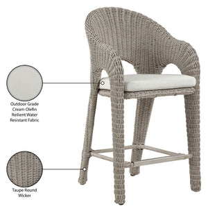 Meridian Furniture Seacrest Wicker Outdoor Bar Stool with Aluminum Frame and Cushion for Patio or Poolside Taupe 55004Cream-BS