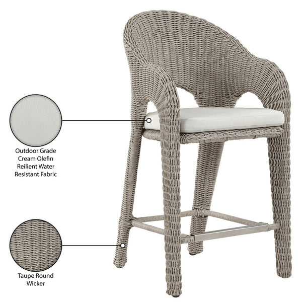 Meridian Furniture Seacrest Wicker Outdoor Bar Stool with Aluminum Frame and Cushion for Patio or Poolside Taupe 55004Cream-BS