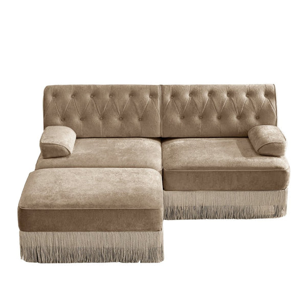 English Elm L-shaped Velvet Chesterfield Sectional Sofa with Tassel Skirt and Tufted Modular Design Camel W714S01695