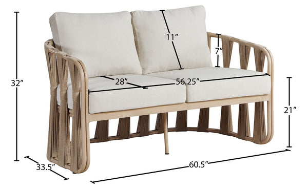 Meridian Furniture San Pietro Art Deco Outdoor Loveseat Woven Rope Aluminum Frame Olefin Fabric Patio Seating Beige 55005Beige-L