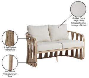 Meridian Furniture San Pietro Art Deco Outdoor Loveseat Woven Rope Aluminum Frame Olefin Fabric Patio Seating Beige 55005Beige-L
