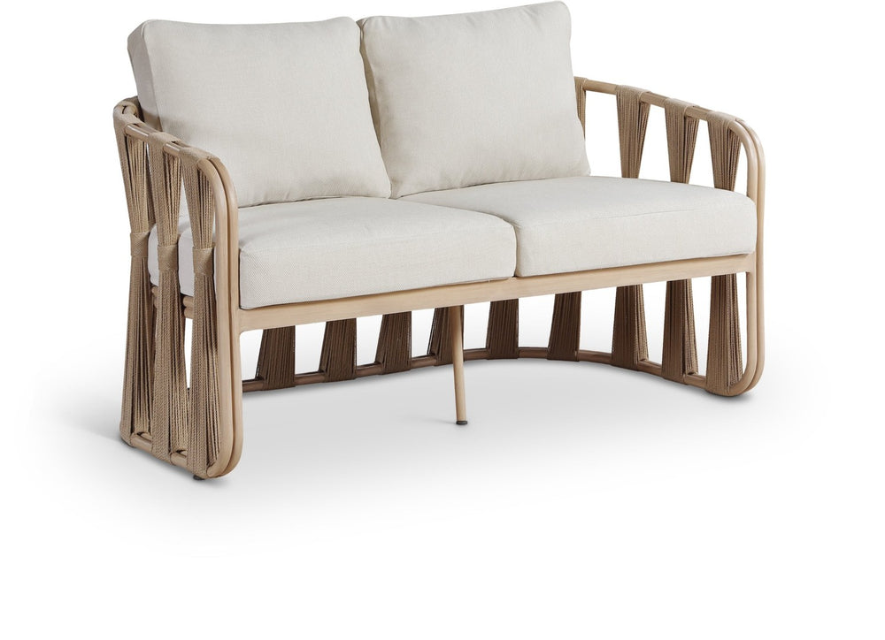 Meridian Furniture San Pietro Art Deco Outdoor Loveseat Woven Rope Aluminum Frame Olefin Fabric Patio Seating Beige 55005Beige-L