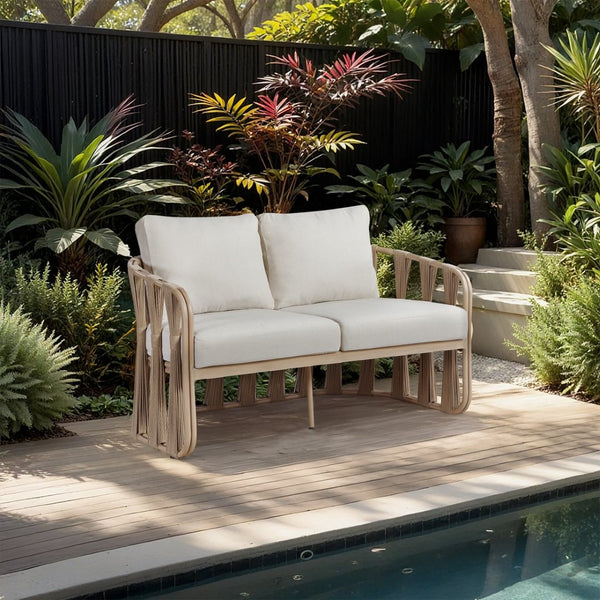 Meridian Furniture San Pietro Art Deco Outdoor Loveseat Woven Rope Aluminum Frame Olefin Fabric Patio Seating Beige 55005Beige-L