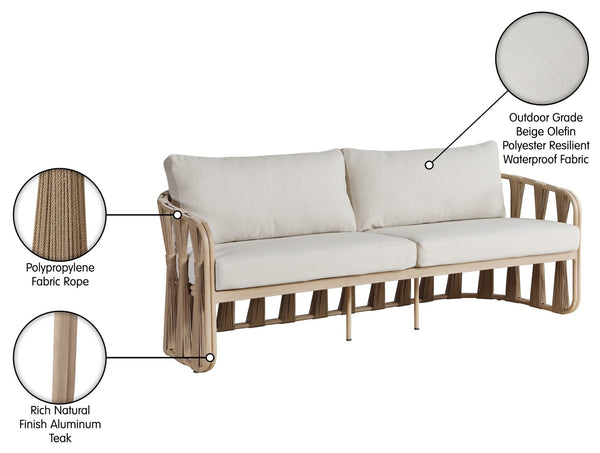 Meridian Furniture San Pietro Outdoor Patio Sofa with Rope Accents Uv Resistant Olefin Art Deco Three Seat Beige 55005Beige-S
