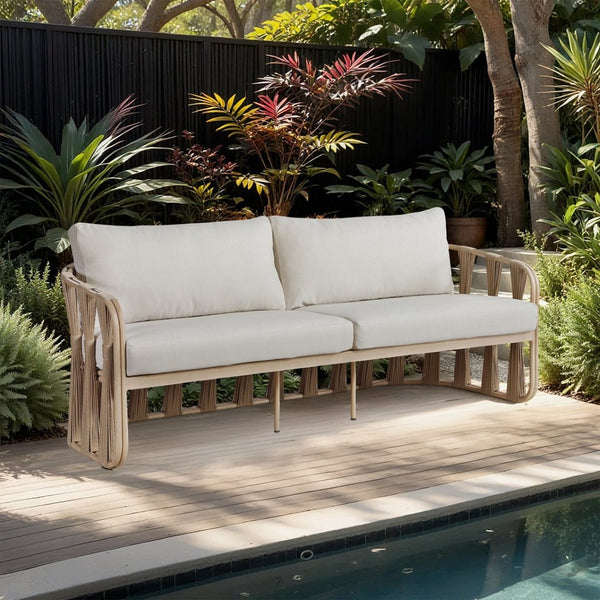 Meridian Furniture San Pietro Outdoor Patio Sofa with Rope Accents Uv Resistant Olefin Art Deco Three Seat Beige 55005Beige-S