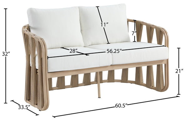 Meridian Furniture San Pietro Art Deco Outdoor Loveseat Woven Rope Aluminum Frame Olefin Fabric Patio Seating Cream 55005Cream-L